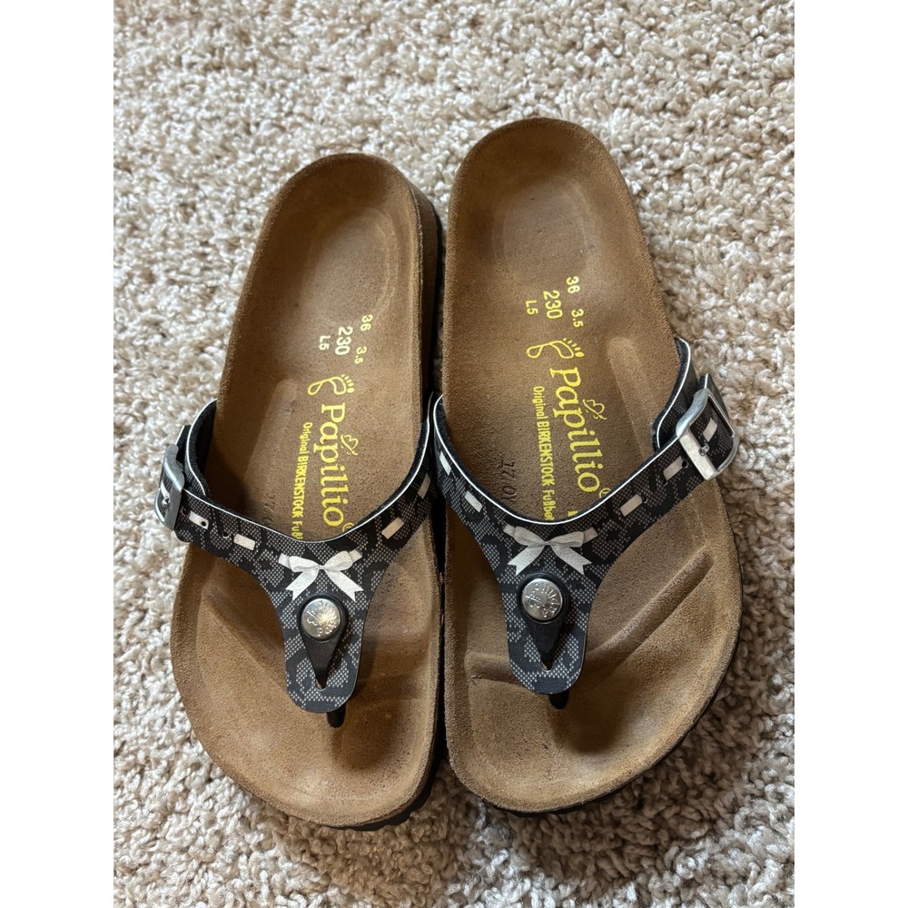 Papillio Birkenstock Gizeh Sandals Black White Bow Thong Slides 36 L5